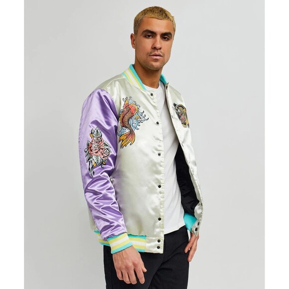 Reason Varsity Jacket Men’s Large Ivory Purple Fearless Tattoo Art Bomber - Picture 8 of 9